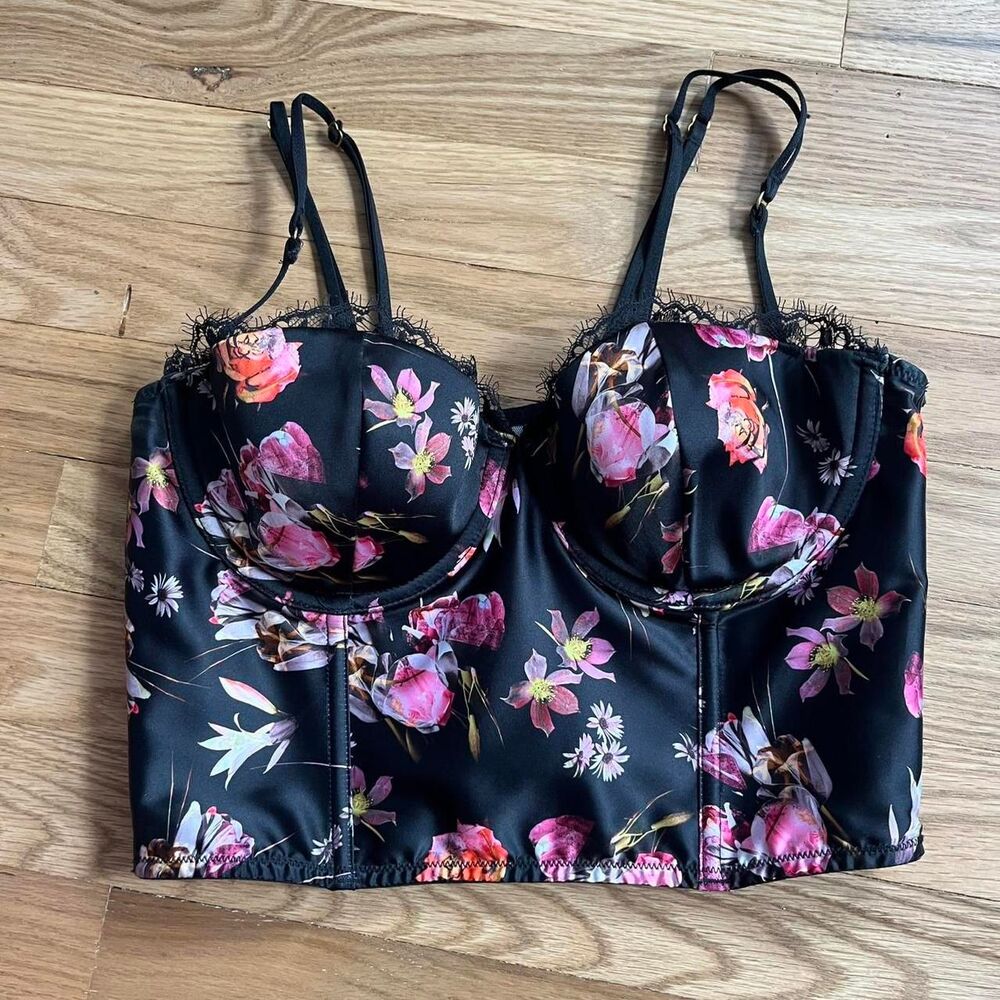 Victorias Secret Very Sexy Lightly Lined Bra Satin Bustier Top Black& Floral 34C